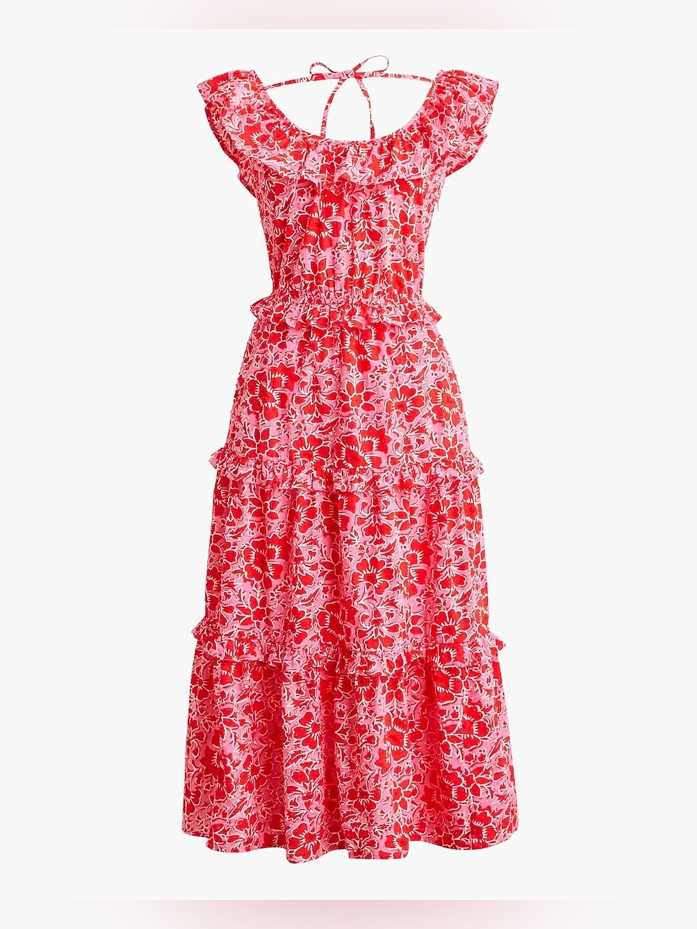 J. Crew Dress Womens 10 Pink Red Floral Ruffled Tiered Midi New